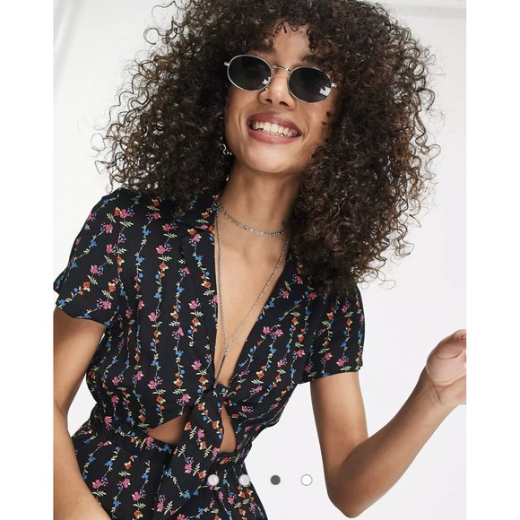 TOPSHOP Mini Shirt Linear Floral Dress Tie Front 100% Viscose Black Women Size 2 - Picture 6 of 11